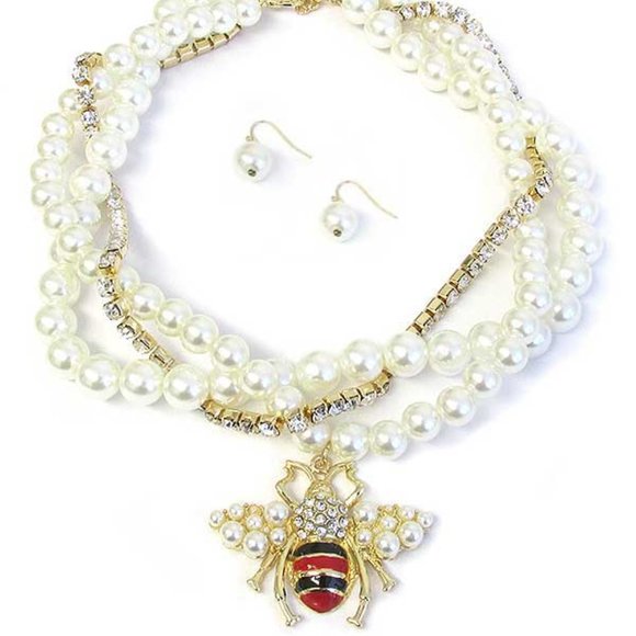 Pearl & Crystal 3 Layer Bee Pendant Necklace Set - Picture 2 of 3